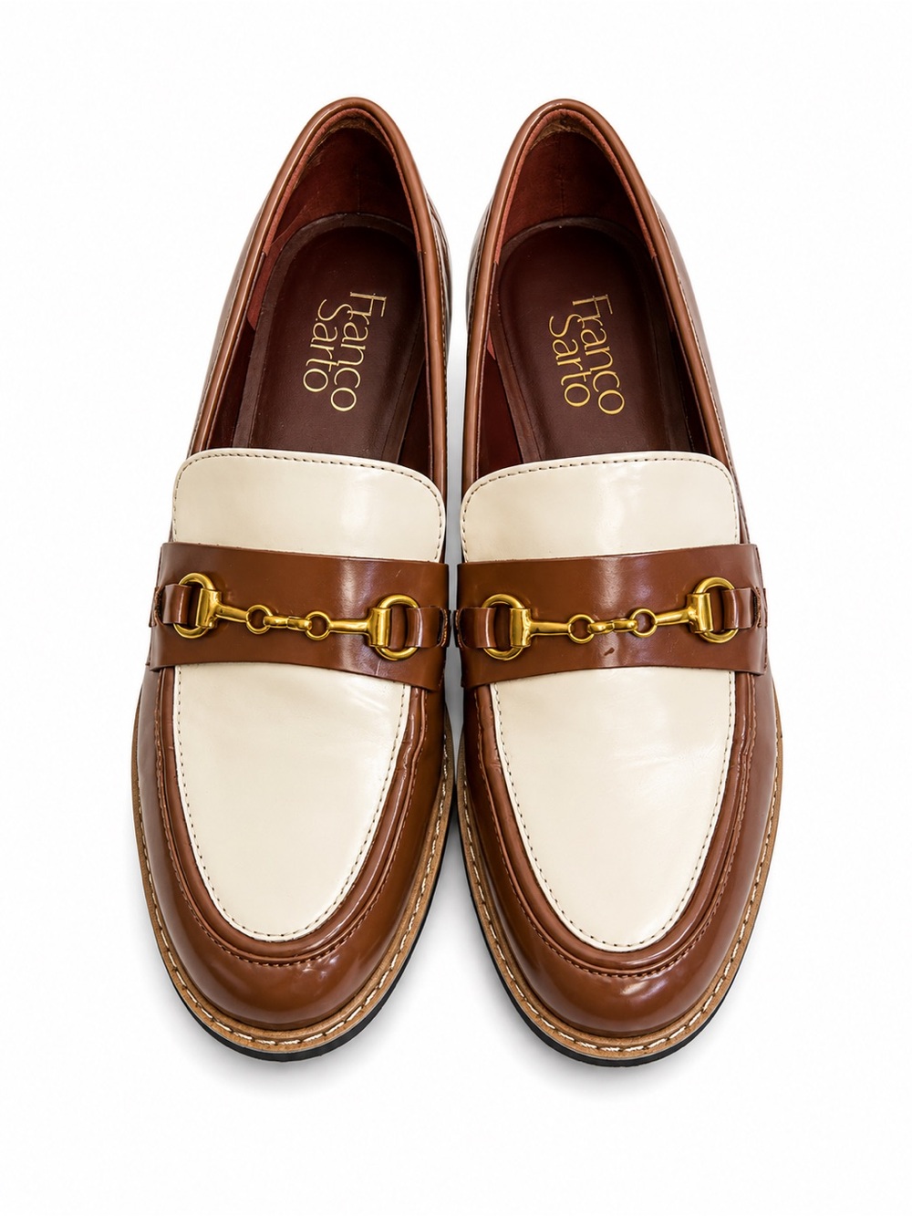Franco Sarto Brown and White Leather Bit Loafers